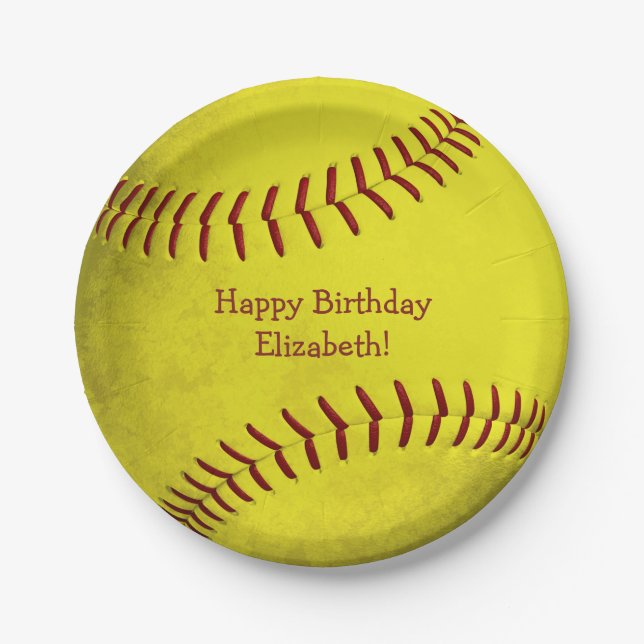 bright yellow softball themed girls sports party paper plates (Front)