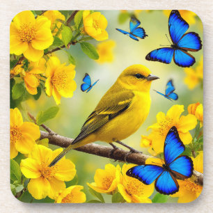 Bright Yellow Songbird Perched on a Branch Beverage Coaster