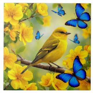 Bright Yellow Songbird Perched on a Branch Ceramic Tile