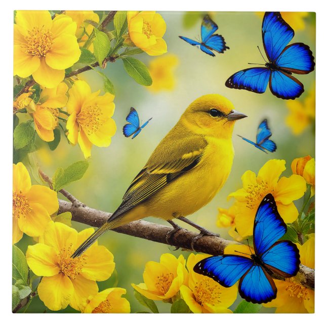 Bright Yellow Songbird Perched on a Branch Ceramic Tile (Front)