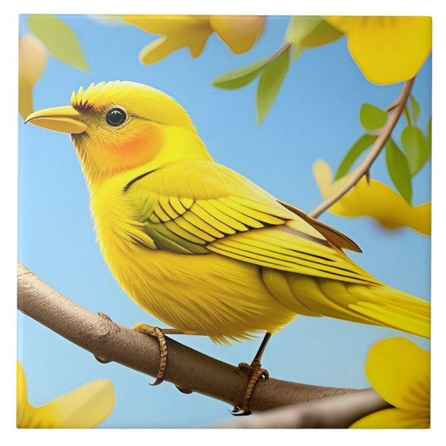 Bright Yellow Songbird Perched on a Branch Ceramic Tile (Front)