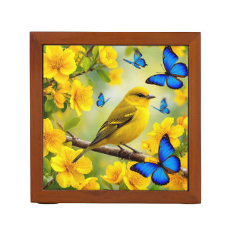 Bright Yellow Songbird Perched on a Branch Desk Organizer