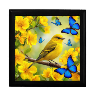 Bright Yellow Songbird Perched on a Branch Gift Box