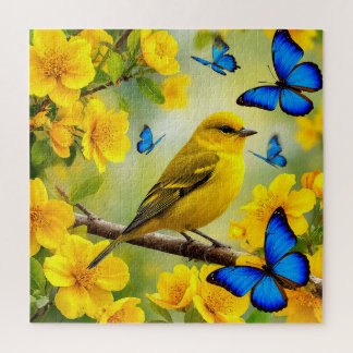 Bright Yellow Songbird Perched on a Branch Jigsaw Puzzle