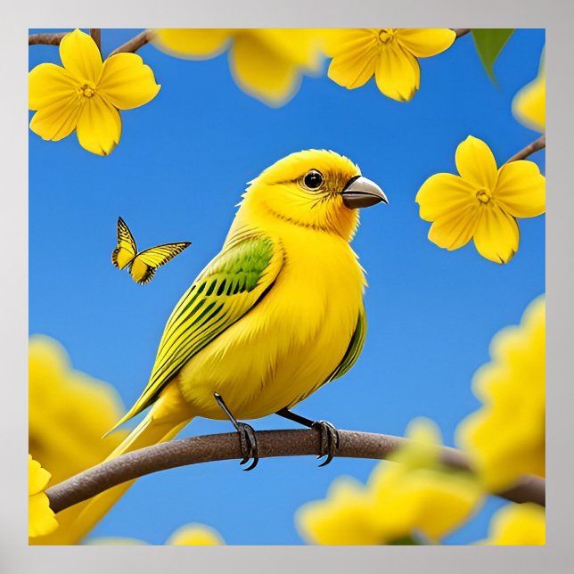Bright Yellow Songbird Perched on a Branch Poster (Front)