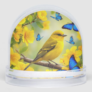 Bright Yellow Songbird Perched on a Branch Snow Globe