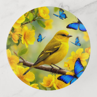 Bright Yellow Songbird Perched on a Branch Trinket Tray