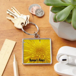 Bright Yellow Spiky Dahlia Photograph Personalized Keychain