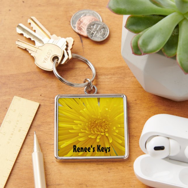 Bright Yellow Spiky Dahlia Photograph Personalized Keychain (Desk)