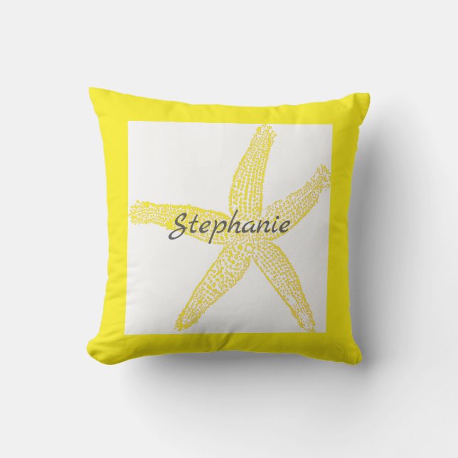 Bright Yellow Starfish White Grey Monograms Outdoor Pillow (Front)