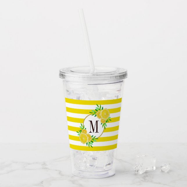 Bright Yellow Stripes Citrus Fruit Slices Monogram Acrylic Tumbler (Front Ice)