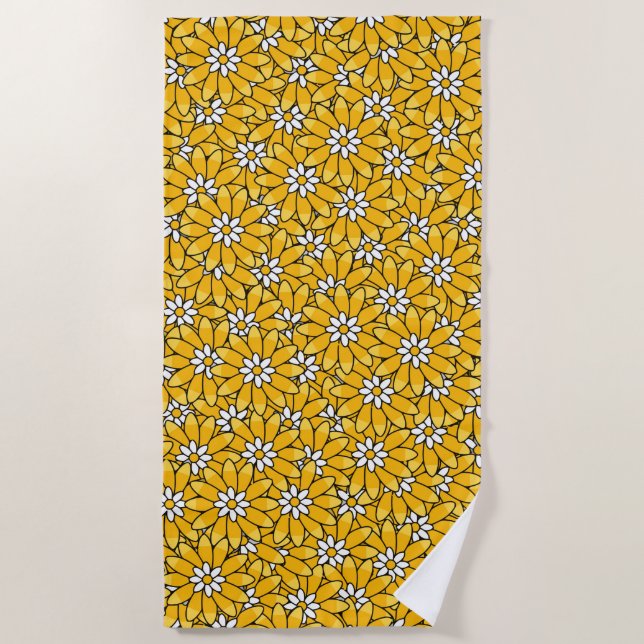 Bright Yellow Summery Flower Pattern Beach Towel (Front)