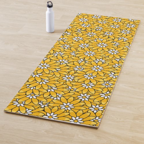 Bright Yellow Summery Flower Pattern Yoga Mat