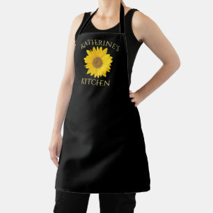 Bright Yellow Sunflower Custom Name Black Apron