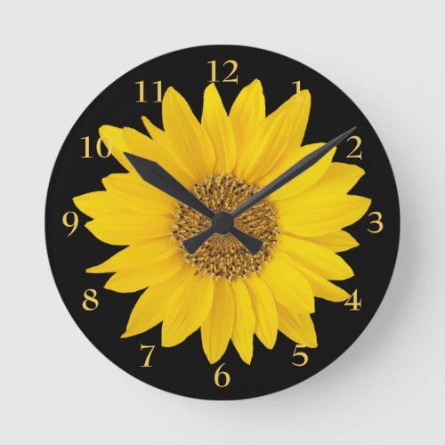 Bright Yellow Sunflower on Black Floral Round Clock