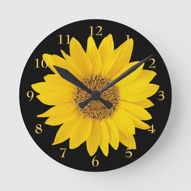 Bright Yellow Sunflower on Black Floral Round Clock (Front)