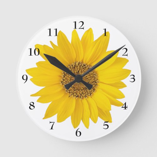 Bright Yellow Sunflower on White Floral Round Clock