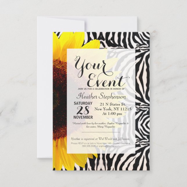 Bright Yellow Sunflower on Zebra Print Stripes Invitation (Front)
