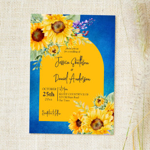 Bright yellow sunflowers arch on blue background invitation