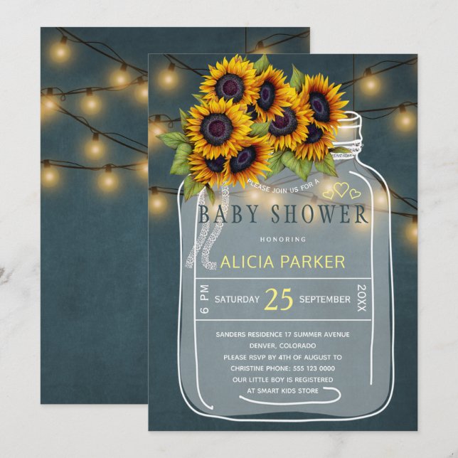 Bright yellow sunflowers mason jar baby shower invitation (Front/Back)
