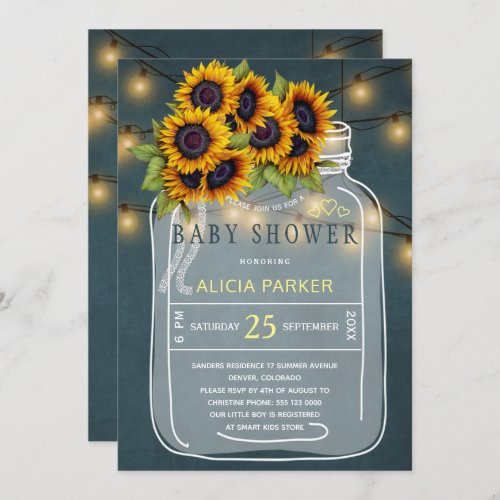 Bright yellow sunflowers mason jar baby shower invitation