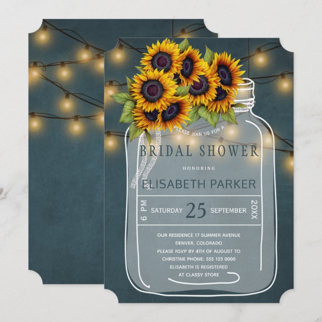 Bright yellow sunflowers mason jar bridal shower invitation (Front/Back)