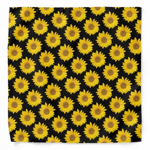 Bright Yellow Sunflowers on Black Background Bandana