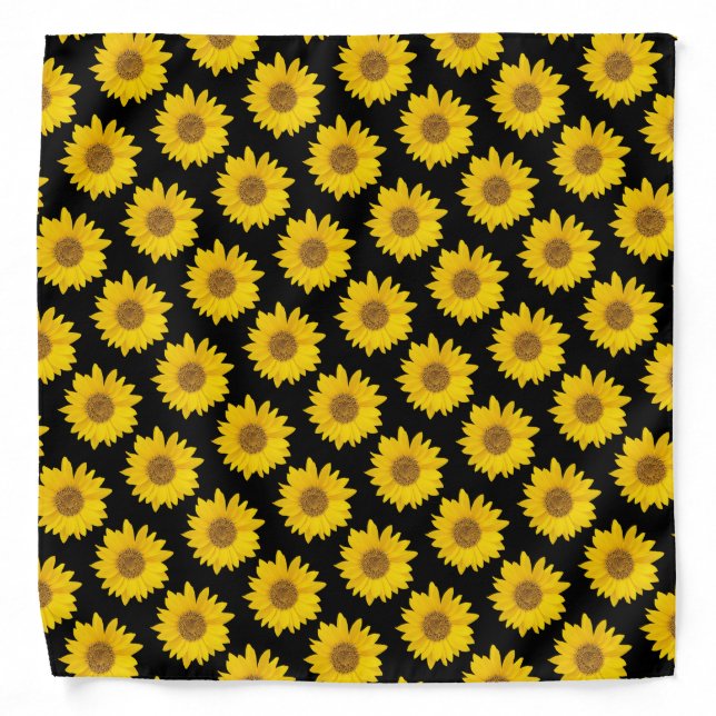 Bright Yellow Sunflowers on Black Background Bandana (Front)
