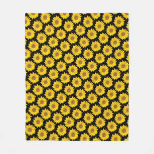 Bright Yellow Sunflowers on Black Background Fleece Blanket