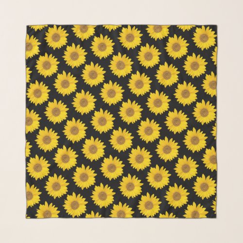 Bright Yellow Sunflowers on Black Background Scarf