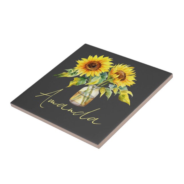 Bright Yellow Sunflowers On Black Minimalist Name Ceramic Tile (Side)