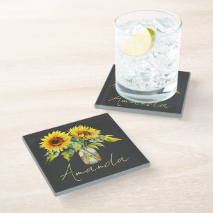 Bright Yellow Sunflowers On Black Minimalist Name Glass Coaster