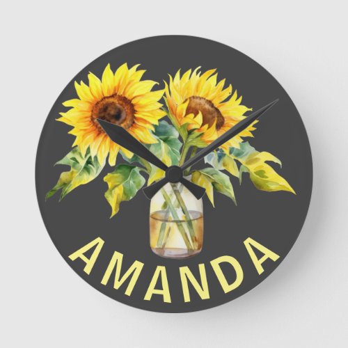 Bright Yellow Sunflowers On Black Minimalist Name Round Clock