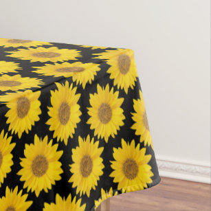 Bright Yellow Sunflowers on Black Tablecloth