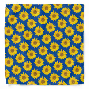 Bright Yellow Sunflowers on Blue Background Bandana