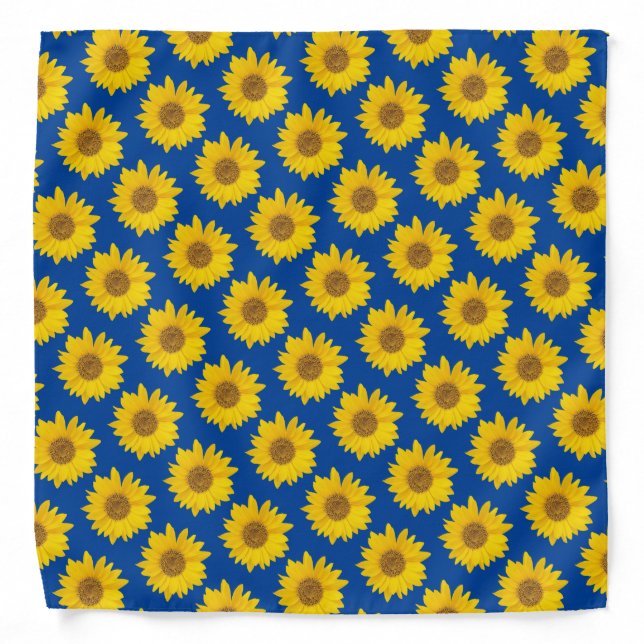 Bright Yellow Sunflowers on Blue Background Bandana (Front)