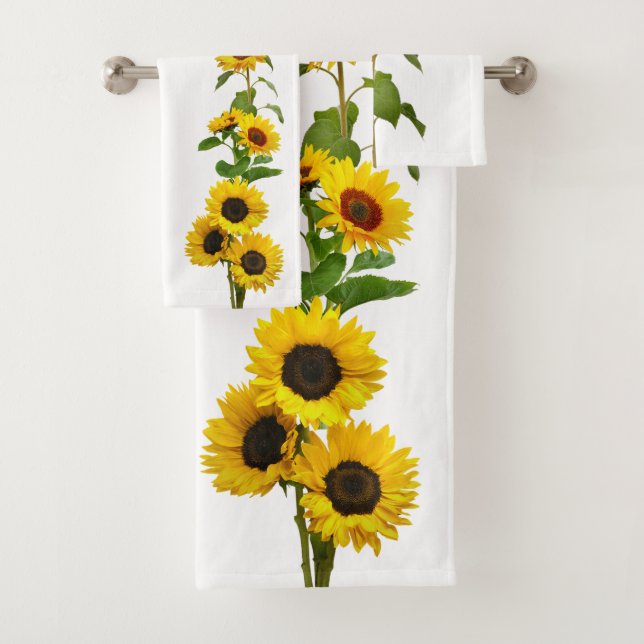 Bright Yellow Sunflowers on White Bath Towel Set (Insitu)