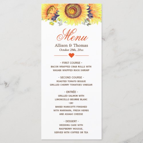 Bright Yellow Sunflowers Wedding Menu