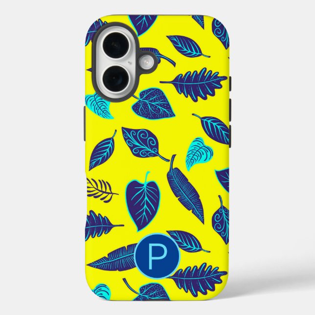 Bright Yellow Tropical Leaf Pattern Monogram Case-Mate iPhone Case (Back)