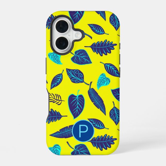 Bright Yellow Tropical Leaf Pattern Monogram Iphone Case (Back)