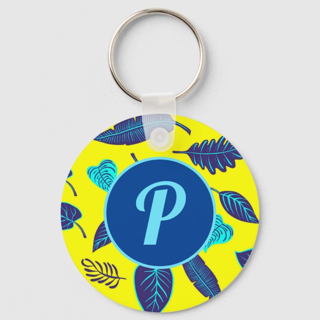 Bright Yellow Tropical Leaf Pattern Monogram Keychain (Front)