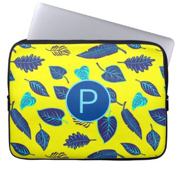 Bright Yellow Tropical Leaf Pattern Monogram Laptop Sleeve by MissMatching at Zazzle