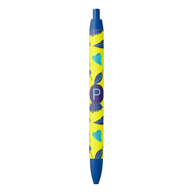 Bright Yellow Tropical Leaf Pattern Monogram Pen (Front Vertical)