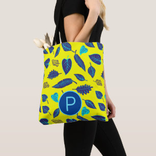 Bright Yellow Tropical Leaf Pattern Monogram Tote Bag