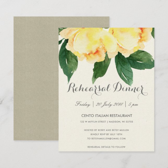 BRIGHT YELLOW WATERCOLOR FLORAL REHEARSAL DINNER INVITATION (Front/Back)
