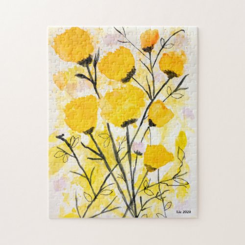 Bright Yellow Watercolor Flowers Jigsaw Puzzle