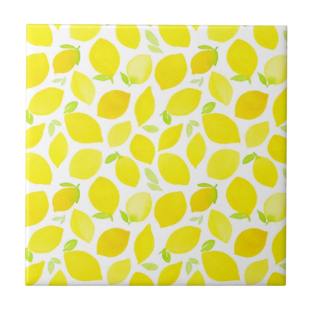 Bright Yellow Watercolor Lemon Pattern Ceramic Tile (Front)