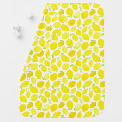 Bright Yellow Watercolor Lemon Pattern Monogram Baby Blanket