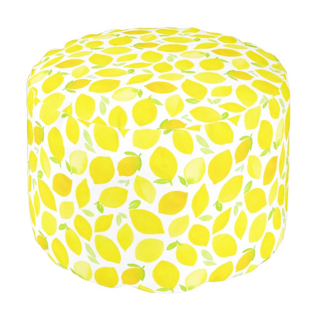 Bright Yellow Watercolor Lemon Pattern Pouf (Angled Front)
