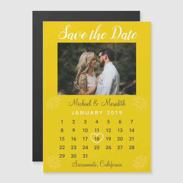 Bright Yellow Wedding Calendar Photo Save the Date Magnetic Invitation (Front/Back)